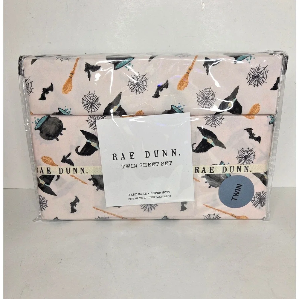 Rae Dunn Halloween Twin Sheet Set Pink Witch Hat Cauldron Bat Spiderweb NEW